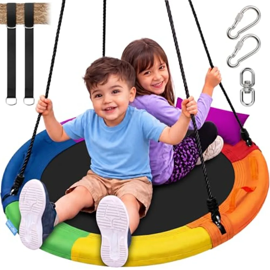 

Outdoor saucer swing for backyard use, weatherproof polyethylene material, gray color, supports up to 700 lbs with universal ha