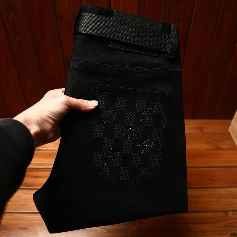 High-end affordable luxury summer thin jeans men's slim fit skinny printed versatile casual trend stretch black trousers