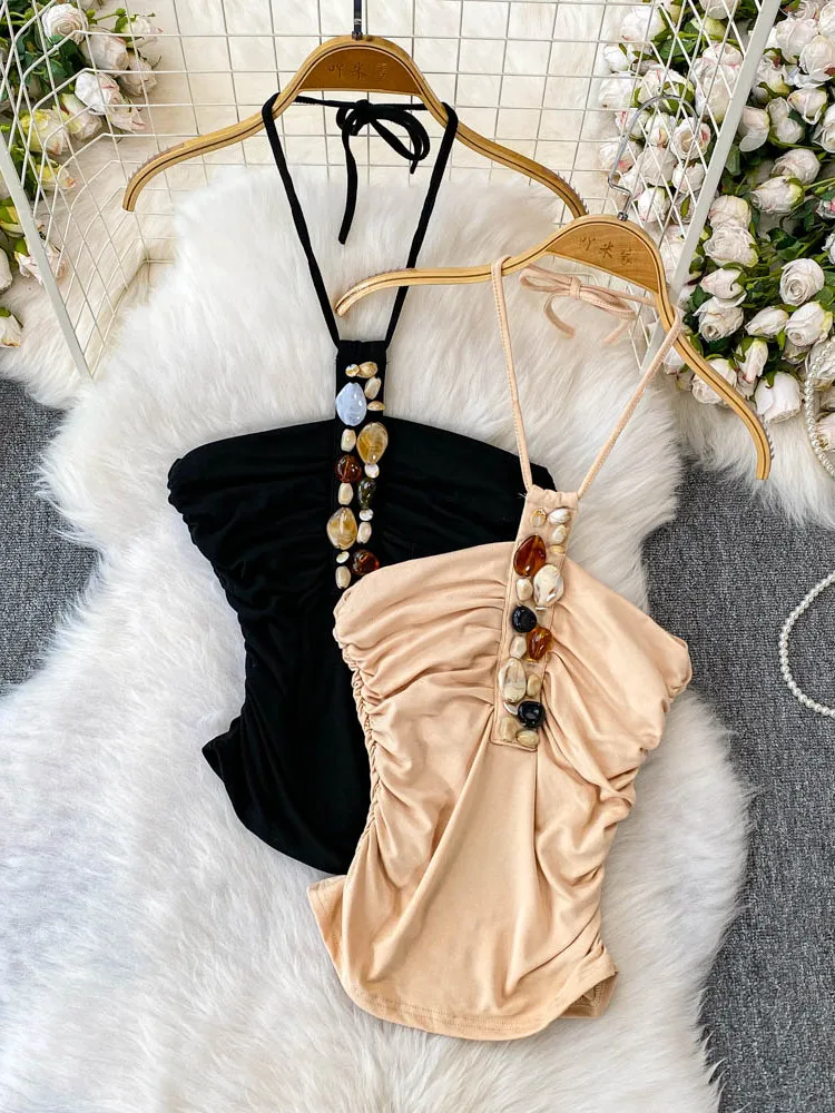 

Ins Sle Beaded Ne Hanging Women's ort Top Waist Cinched Slimming Summer 2025 New Folded Commute Faion Svel