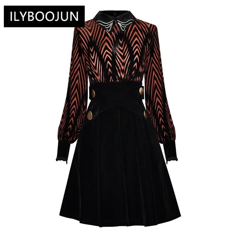 

Fashion Designer dress Spring Autumn Women's Dress turn-down collar Beaded Lantern Sleeve Stripe Velvet Dresses