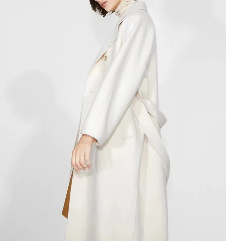 White water ripple double-sided cashmere coat women's 2023 autumn and winter new double-breasted lace-up double-sidedwoolen coat