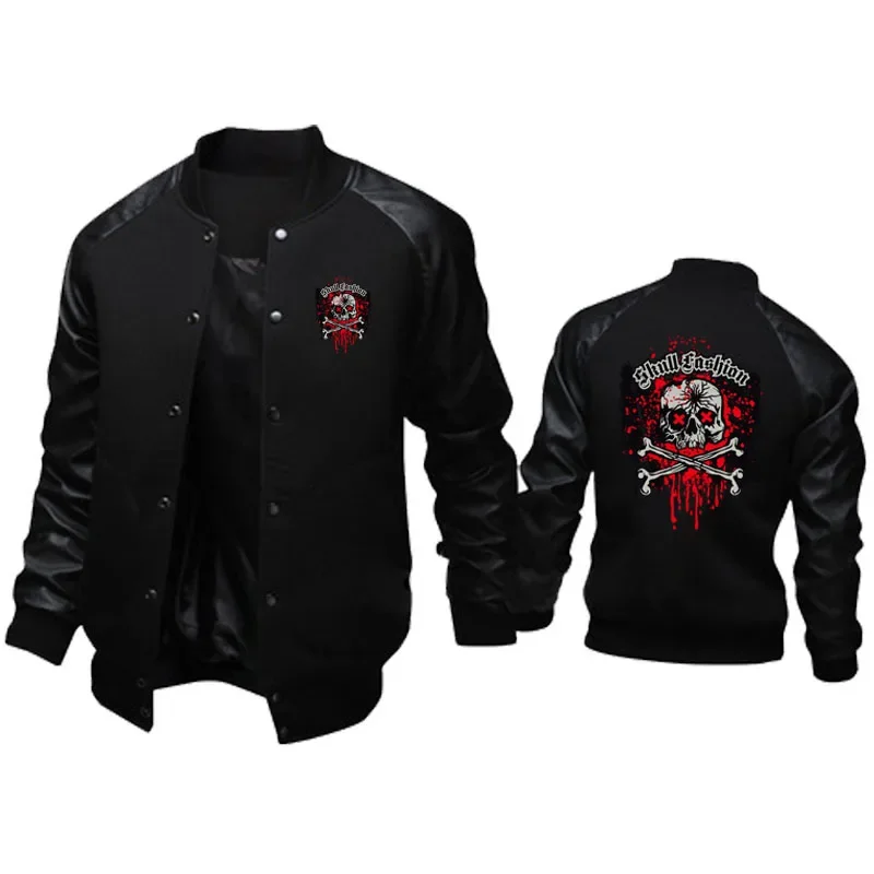 

Spring Autumn men's Jacket High quality skull print vintage men's baseball jacket New fashion casual leather men's jacket