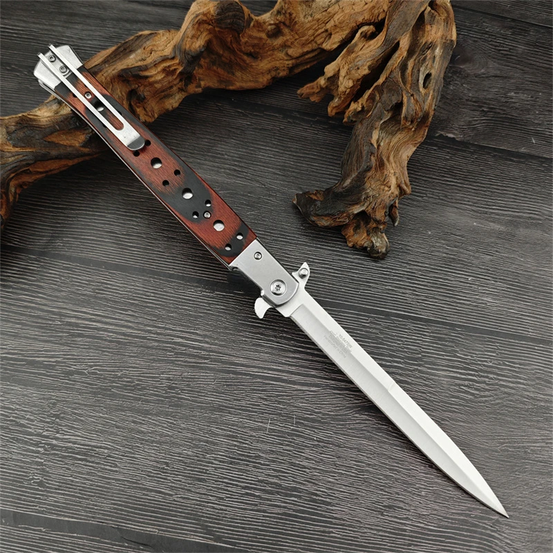 Long Size Tactical Folding Pocket Knife 440C Blade Wood Handles Camping EDC Hunting Knife Self Defense Knives Tools