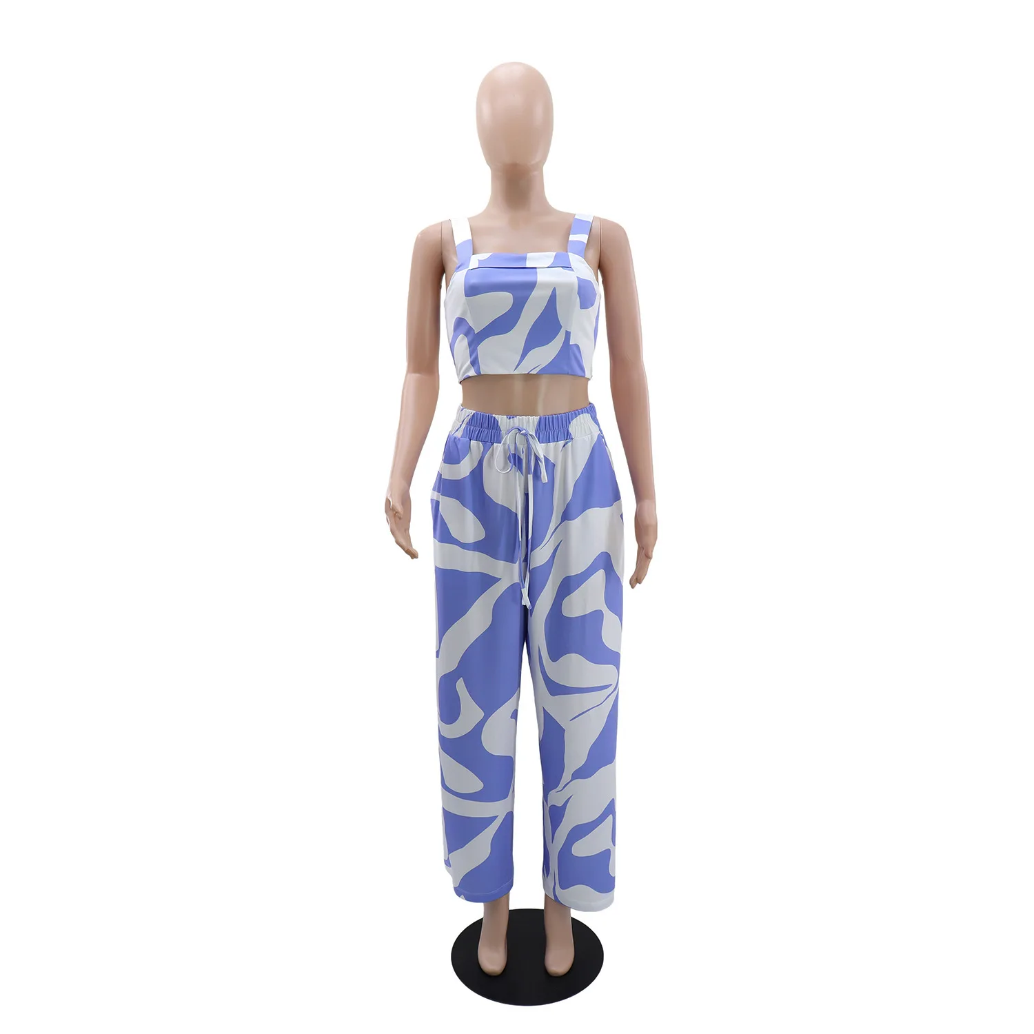 Pant Set Women Two Piece Sets Sling Matching Sets Print Tops Wide Leg Long Pants Lace Up Elastic Waist Y2k Streetwear Elegant