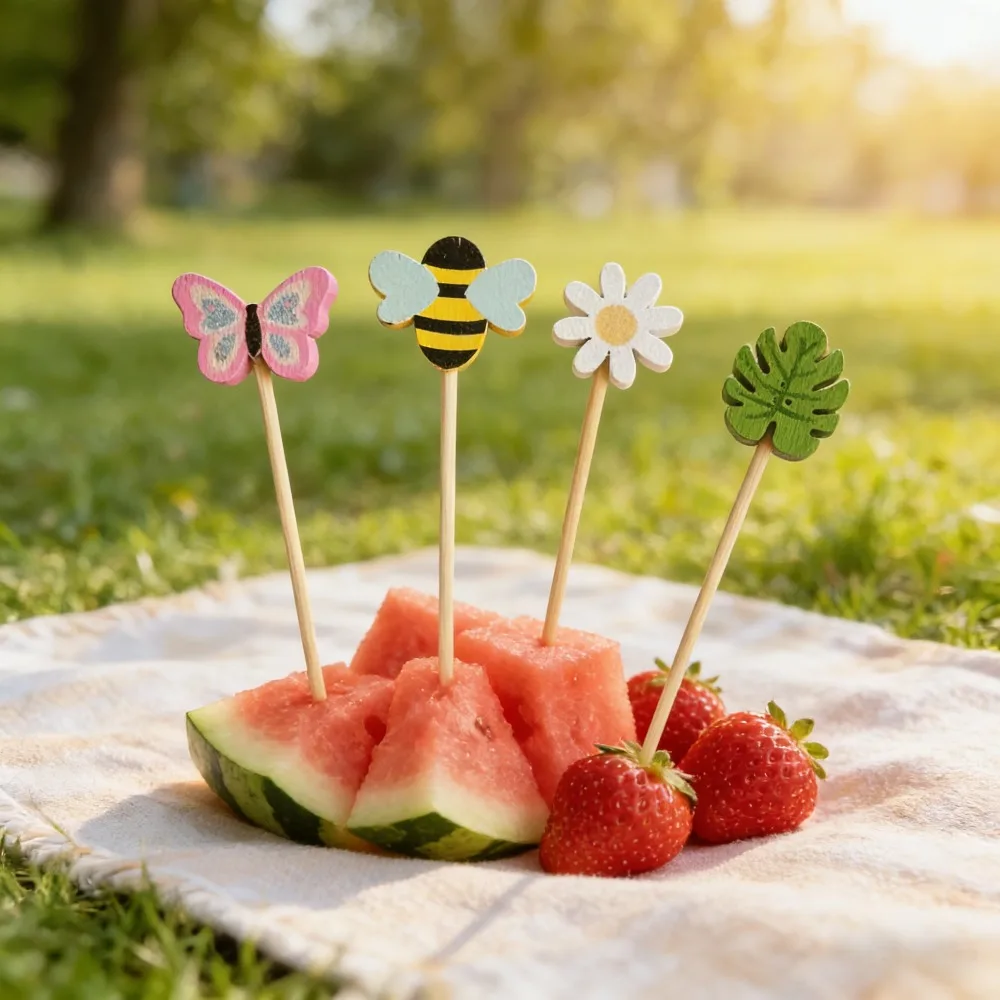 100 Stück Niedliche Tier- und Pflanzenmotive Gemischte Einweg-Bambus-Fruchtspieße Kreative Cocktail-Dessert-Dekorationsstäbchen für Geburtstag und Hochzeit – Detail 7