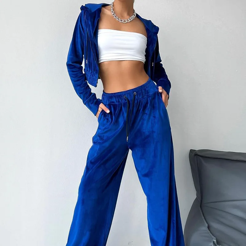 2024 Spring and Autumn juicy cropped hoodie and wide leg pants two-piece velour tracksuit