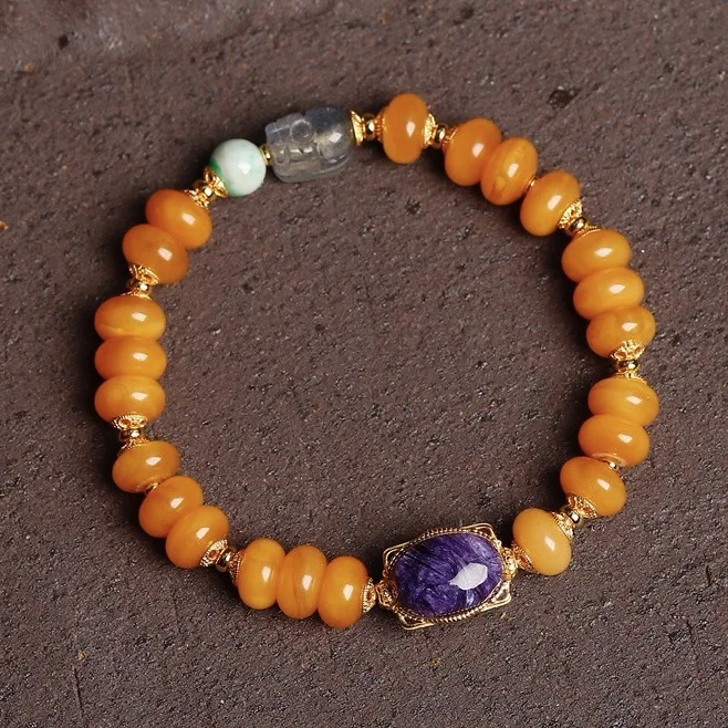 

Natural Amber Bracelet, Charoite Inlay 925 Silver Intense Green Jade Moonstone Pi Xiu, Chinese Style Lucky Jewelry Gift