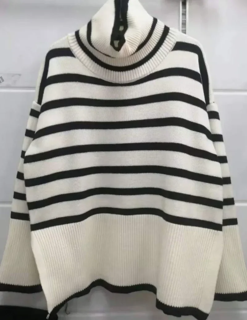 Women New High Collar Striped Sweaters Elegant Warm Side Slit Loose Knit Pullovers Autumn Winter Fashion Lantern Sleeve Jumpers