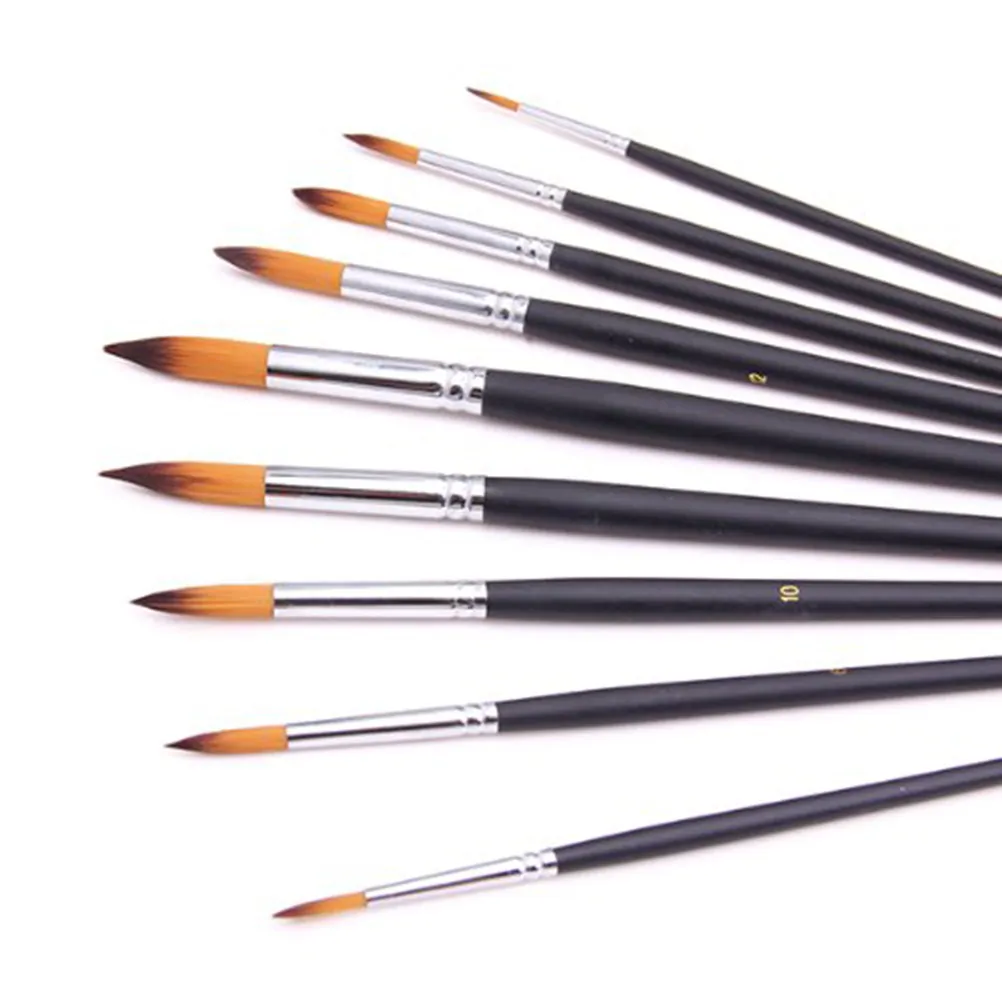 

9Pcs Black Round Toe Nylon Artist Brush Set for Smooth Surfaces Painting with Metal Ferrule Ideal for Acrylic Watercolor Oil