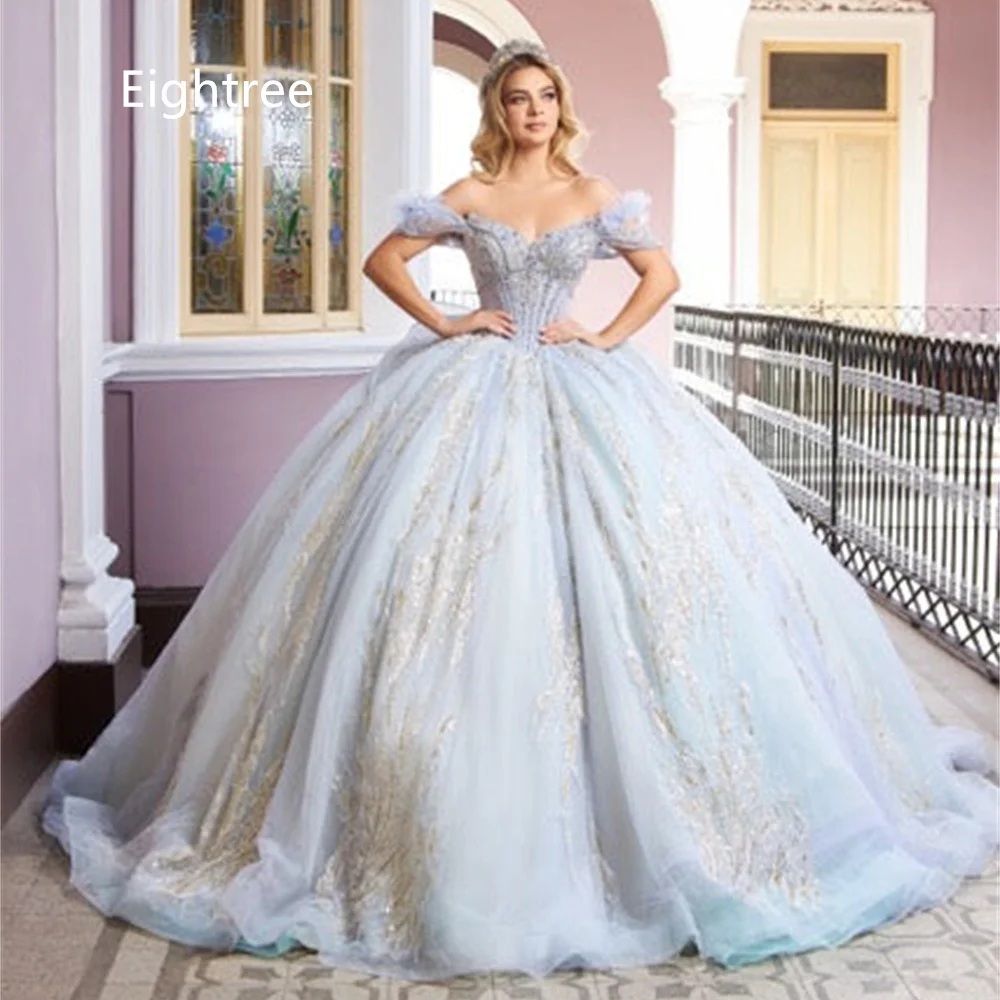 Eightree Blue Quinceanera Dresses Ball Gown Off Shoulder Sweetheart Short Sleeve Sweet 16 Dress 15 Birthday Dress Customized