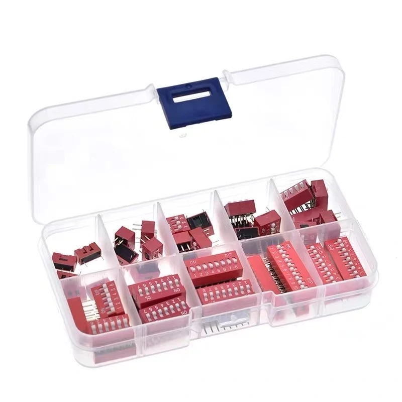 Dip Switch Kit In Box 1 2 3 4 5 6 7 8 9 Way 2.54mm Toggle Switch Red Snap Switches Mixed Kit Each 5PCS Combination Set