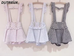 Japanese Style Rojita Suspender Skirt Double-Layer A Line Mini Skirt Houndstooth Printed Casual Sweet Lace Short Skirts Women