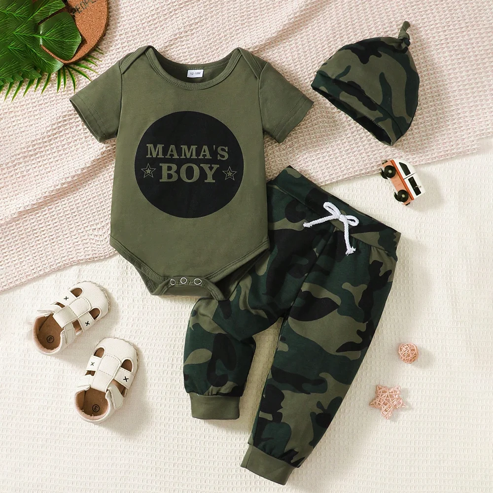 Summer Versatile and Comfortable Short-Sleeved Lettered Top + Camouflage Trousers + Hat Three-Piece Set