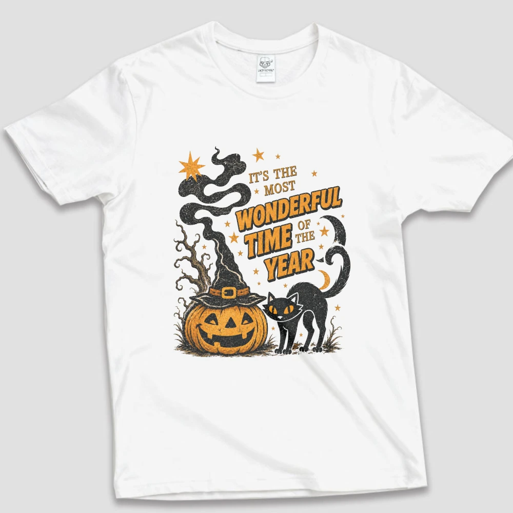 Vintage Halloween Cotton Shirt Most Wonderful Time of the Year Unisex Tee Retro Black Cat Pumpkin Witch Shirt Spooky Season Tees