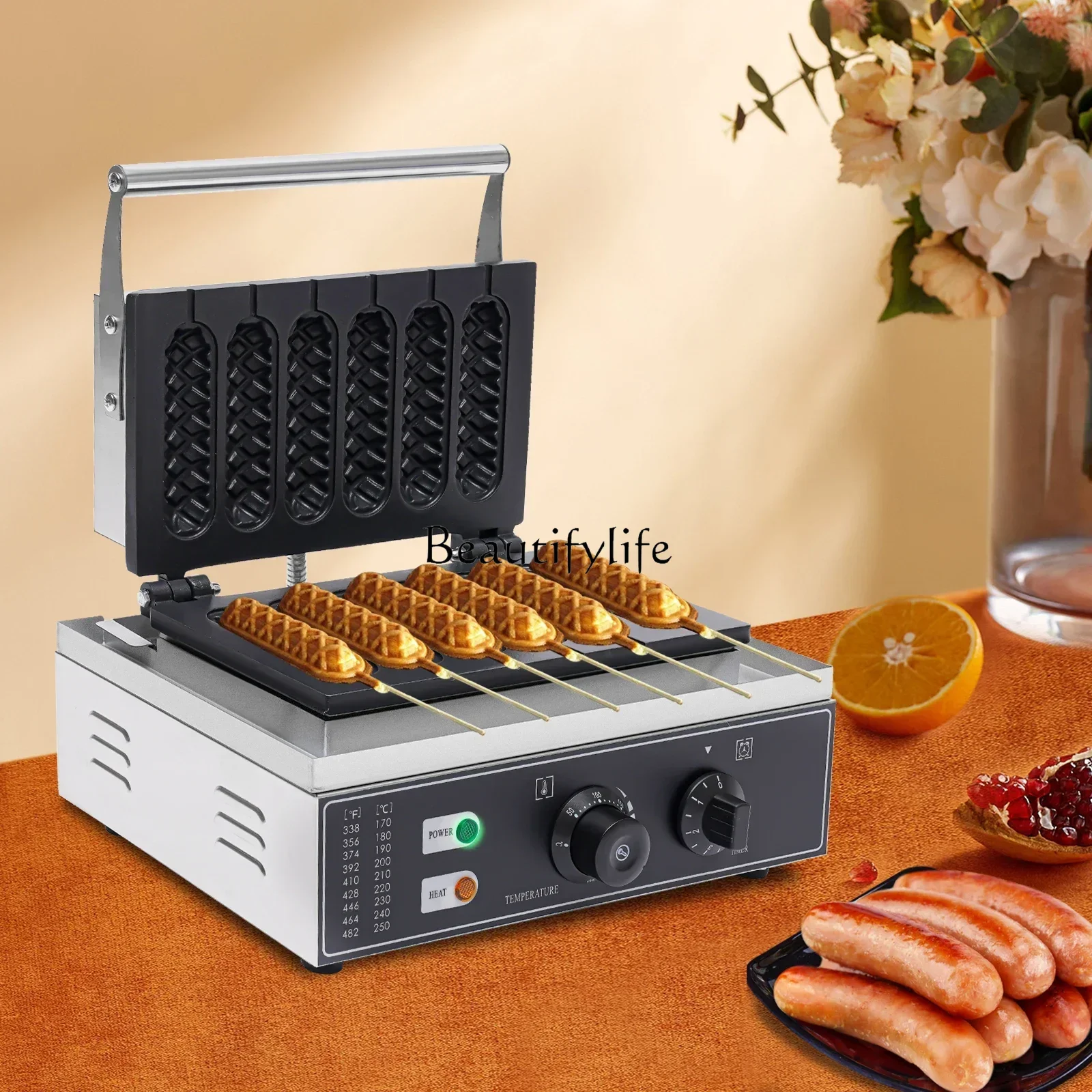 1500W  Hot Dog Machine,6 Molds,with Time and Temp Control Non-stick Waffle Maker Upper and Lower Heating Plates EU 220V