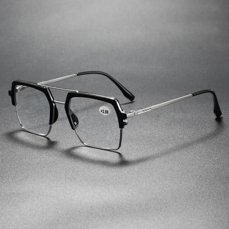 نظارات قراءة عصرية مخصصة بشعاع مزدوج للرجال، إطار كبير مربع أنيق، نظارات قصر النظر الشيخوخي عالية الوضوح