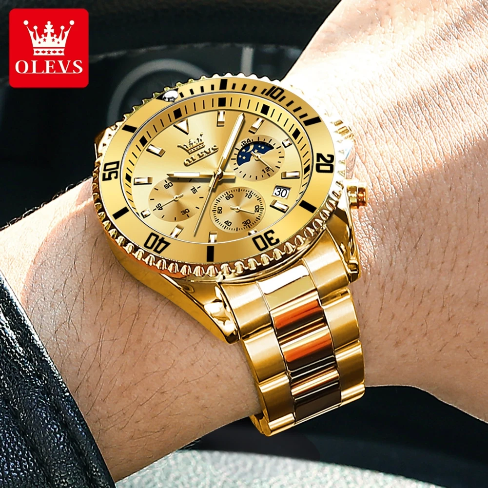 Olevs Herren uhren Luxus goldene Armbanduhr für Herren Chronograph High-End wasserdichte Original Mondphase Quarz Herren uhr