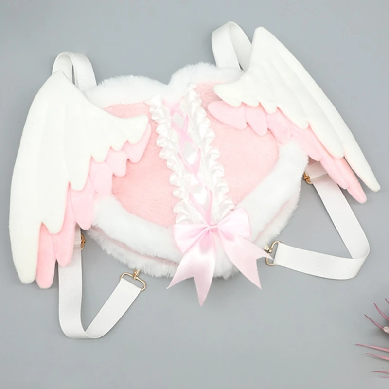 Plush Heart Angel Wing Backpack for Anime Costume 2000s Fashion Accessory Shoulders Bag for Halloween Costume