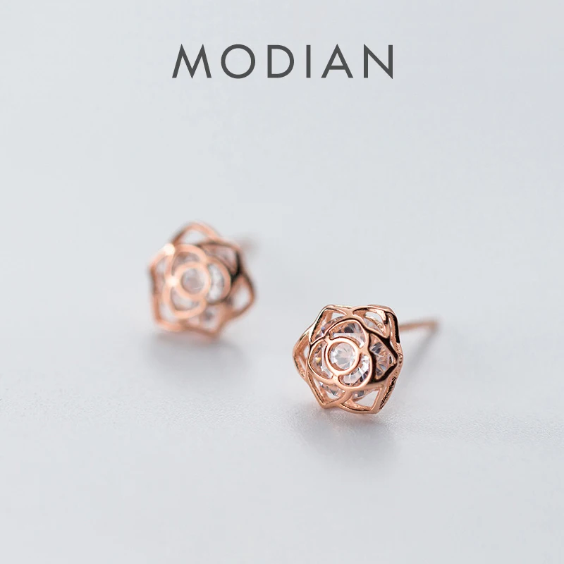 Modian Rose Flower wyczyść cyrkon romantyczny Tiny stadniny kolczyki moda srebro 925 biżuteria dla kobiet zaręczyny ślub