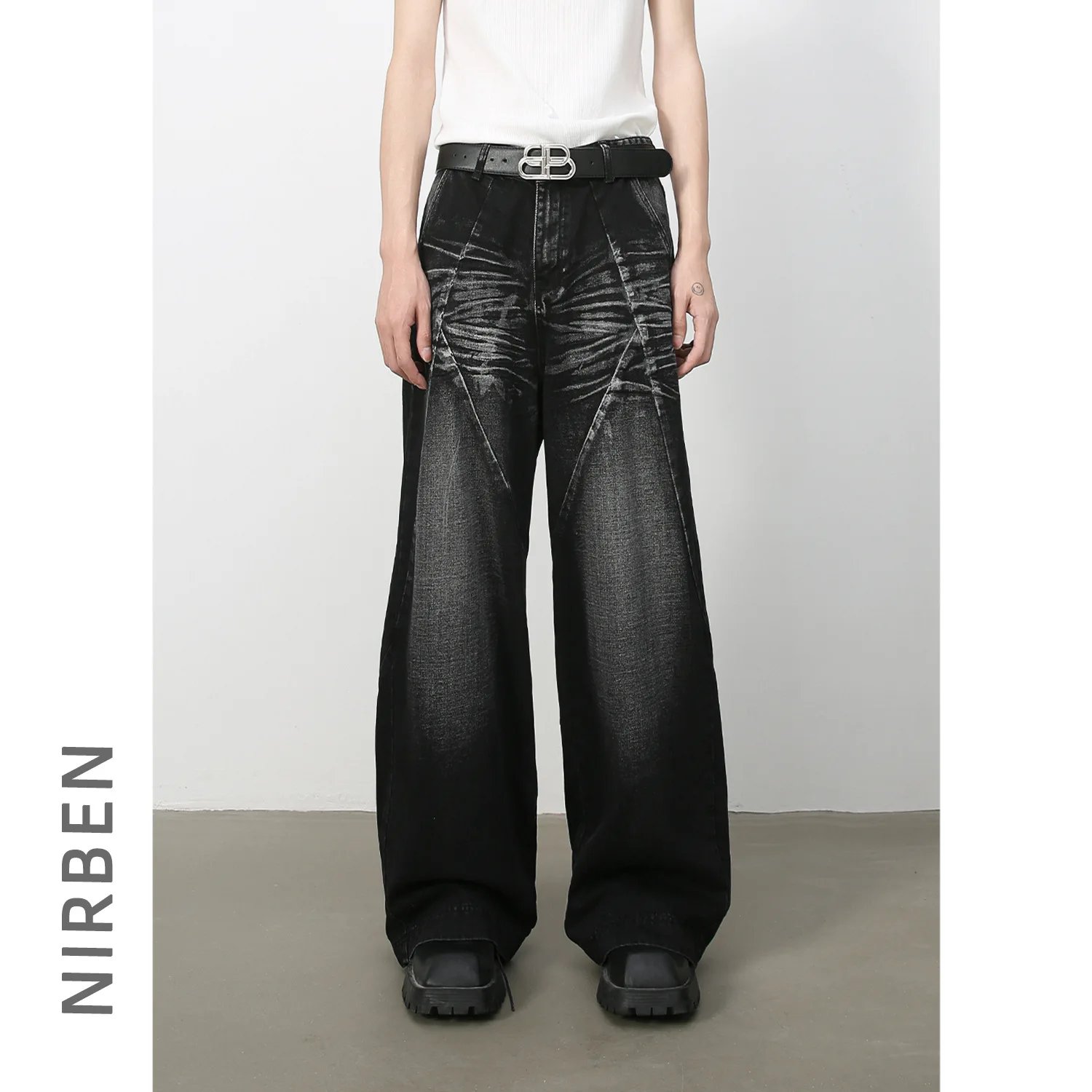 Denim, American High Street Washed Three-dimensional Tailoring Splicing Jeans Men's Loose Straight Wide-leg Trousers