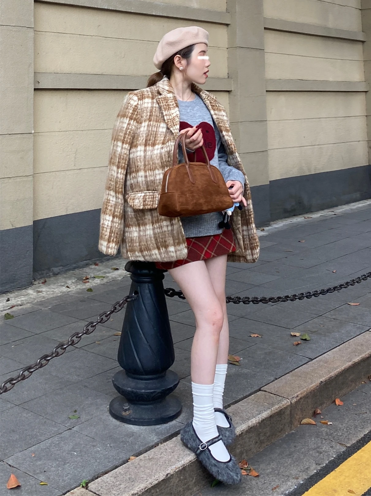 

Retro Plaid Woolen Coat Casual Cotton Lined Warm Top Korean Sle Coffee Color Long Sve Commute Winter Faion Ladies' Out...