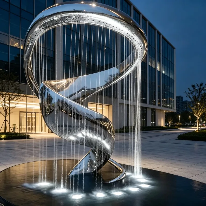 Spiral Twisted Ring Cable Water Curtain Sculpture Polished Stainless Steel Water Feature Custom For Modern Hotel Indoor Garden