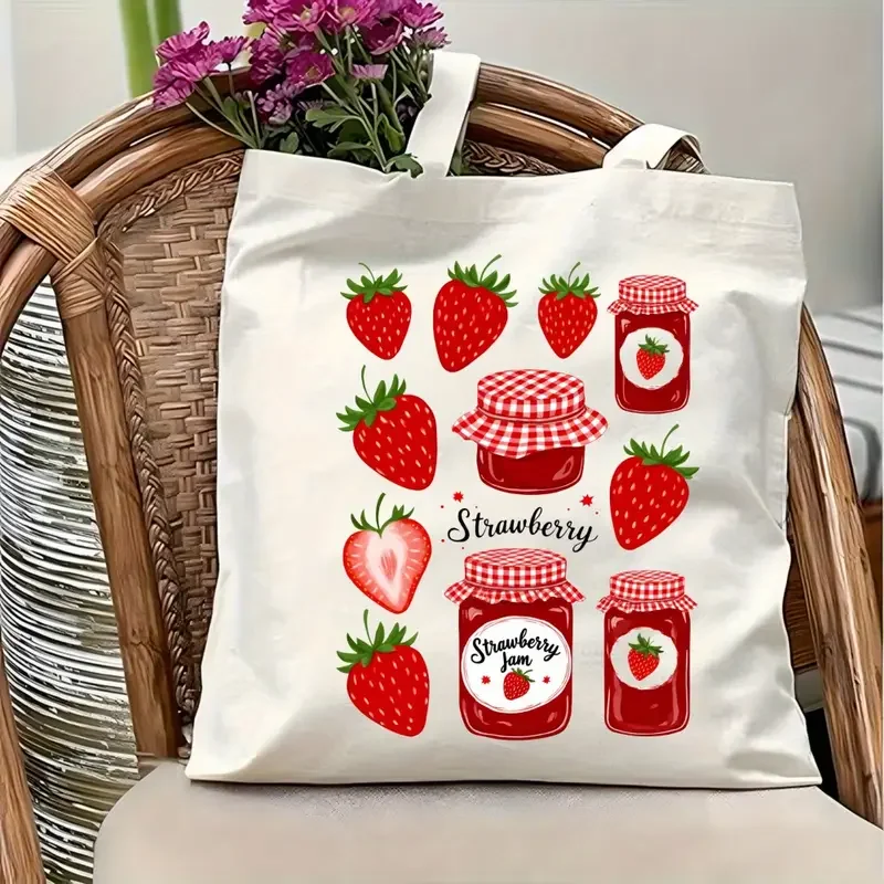 

strawberry Jam Print Canvas Tote Bag - Reusable Shopping Bag with Cute Strawberry and Jam Jar Design Shoulder Handbag