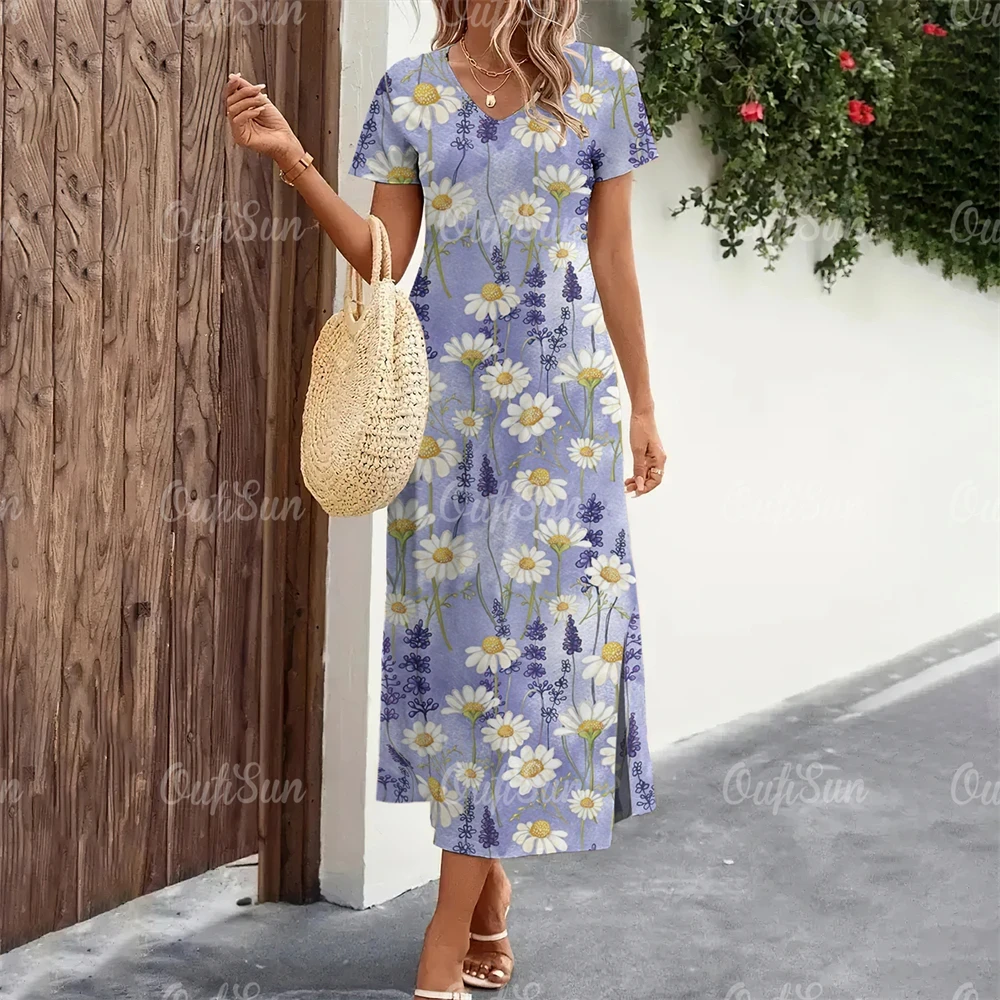 2024 New Women's Dresses Floral Print Summer Elegant Midi Dresses Vacation Feamle Dress Fashion Oversized Clothes Plus Size