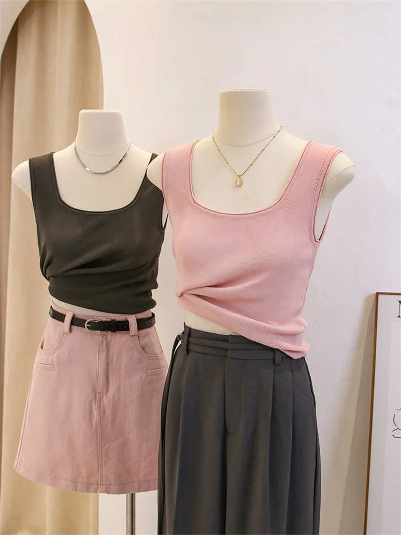 

Dopamine Girl's Ice Silk Knitted Strap Vest Short Blouse Sleeveless Top Korean Style Commute Fashion Summer Wear