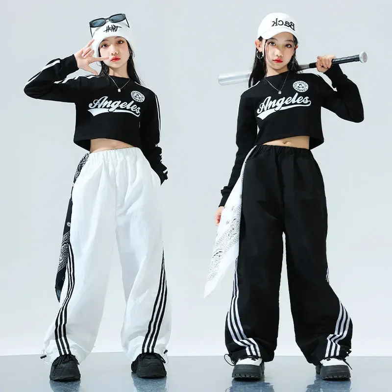 New Girls' Hip-hop Performance Clothes Jazz Umbilical Vest Long-sleeved Suit Korean Children's Black Clothing Autumn and Spring