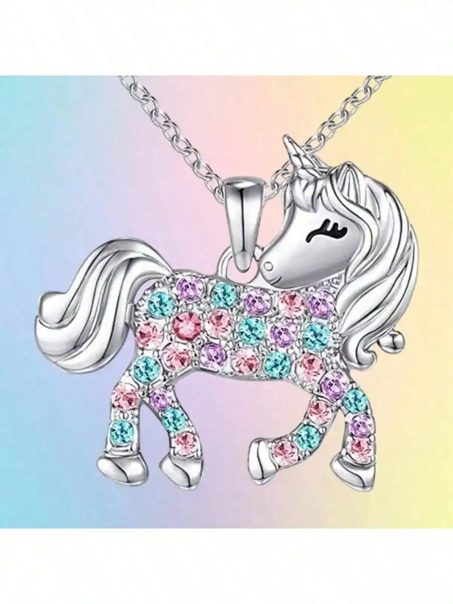 1/2Pack Colorful Pony Unicorn Pendant Necklace with Colorful Water Diamond Inlaid Cute Jewelry Perfect for Birthday Holidays and Party Gifts