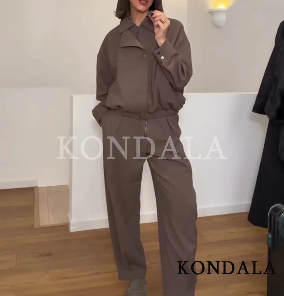 KONDALA Women Sporty Trendy Pants Set Zipper Pockets Lapel Jacket Long Straight Pants New Fashion 2026 Spring Pants Outing Set