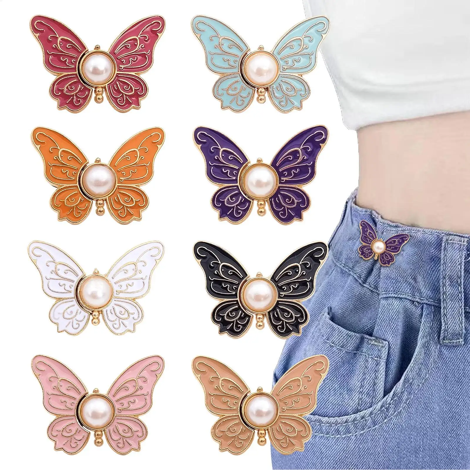 8 Pcs No Sew Waist Tightener Clips, Butterfly Shape Adjustable Jeans Button Pins, Instant Clothing Cincher for Dress Coat Skirt