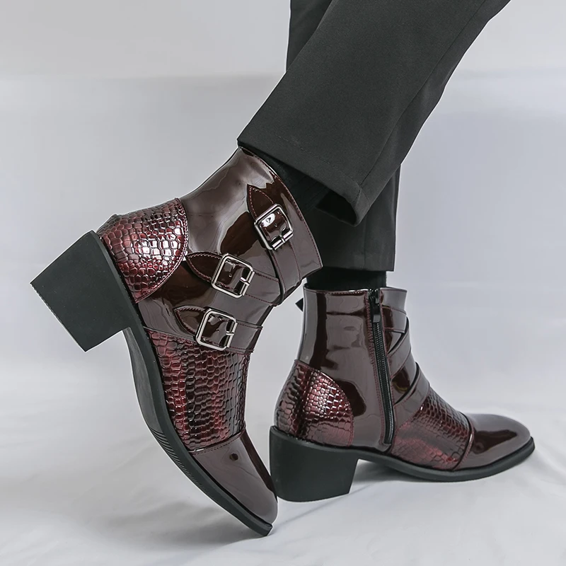 レトロファッション メンズ チェルシーブーツ 大きいサイズ 46 グリッターレザーブーツ メンズ ハイヒール ハイカット ドレスシューズ メンズ ボタス パラ オンブレ