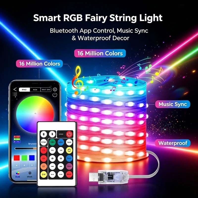 WS2812B 20M Addressable LED Fairy Lights, Bluetooth RGB Dream Color String Lights 5V DC for Party Christmas Decor