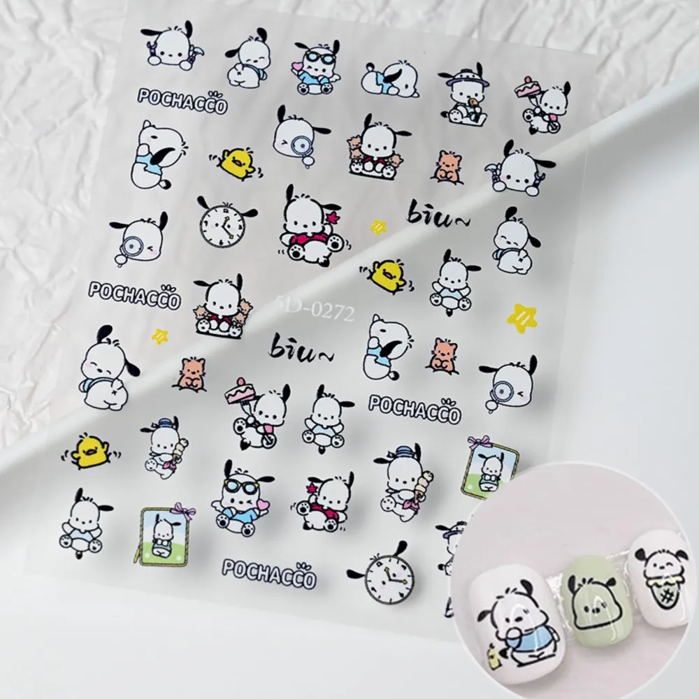 5D süße Sanrio Pochacco Nagelaufkleber geprägt Relief Kuromi Kitty Katze Nagelaufkleber Kawaii Cartoon Pochacco Hund Maniküre Sliders