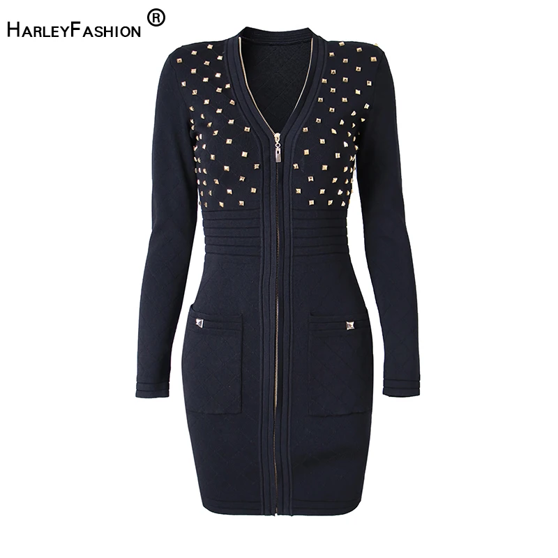 

Italian Style Spring Fall Luxury Design Sexy Zipper V-neck Metal Studs Streetwear Slim Fit Square Patrern Black Knitting Dress