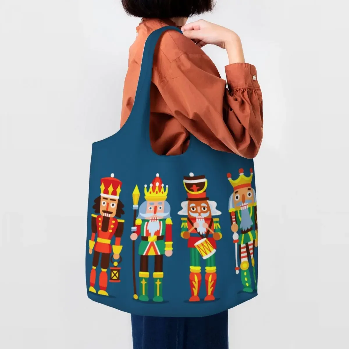 Custom Cartoon Toy Soldier Christmas Nutcracker Gift Shopping Canvas Bag Women Reusable Large Capacity Grocery Shopper Tote Bags