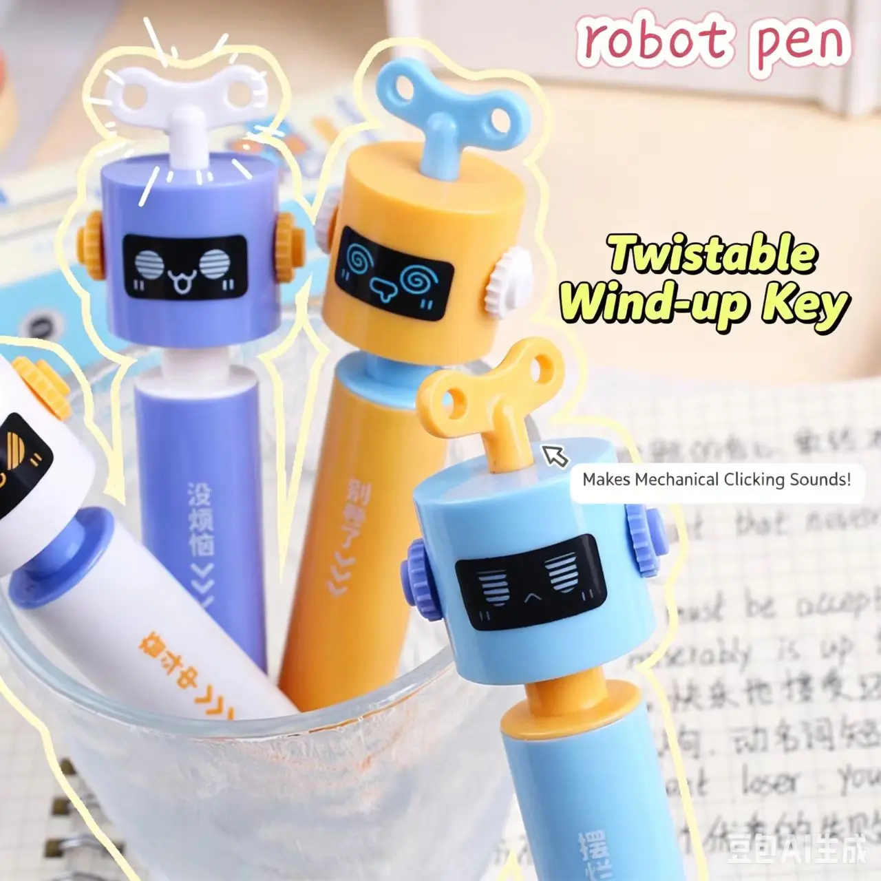 Robot Manual Spinning Pen, Cute Cartoon Student Push Pen with Stress Relief Fun Words, Quick Dry Black Ink School Office