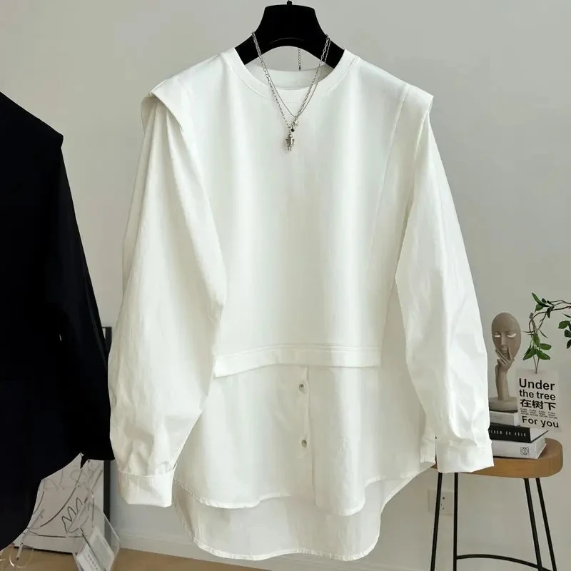 Spring Autumn Loose Casual Coat Splicing Fake Two Long Sleeved Shirts Blouses For Women Fashion 2024 Women Tops Plus Size Tops