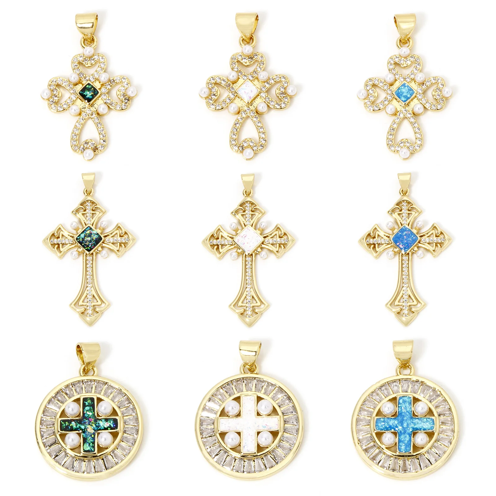 1 Piece Brass Religious Charm Pendant 18k Gold Plated Imitation Opal Hollow Cross Shaped Melon Seed Buckle Brass Pendant