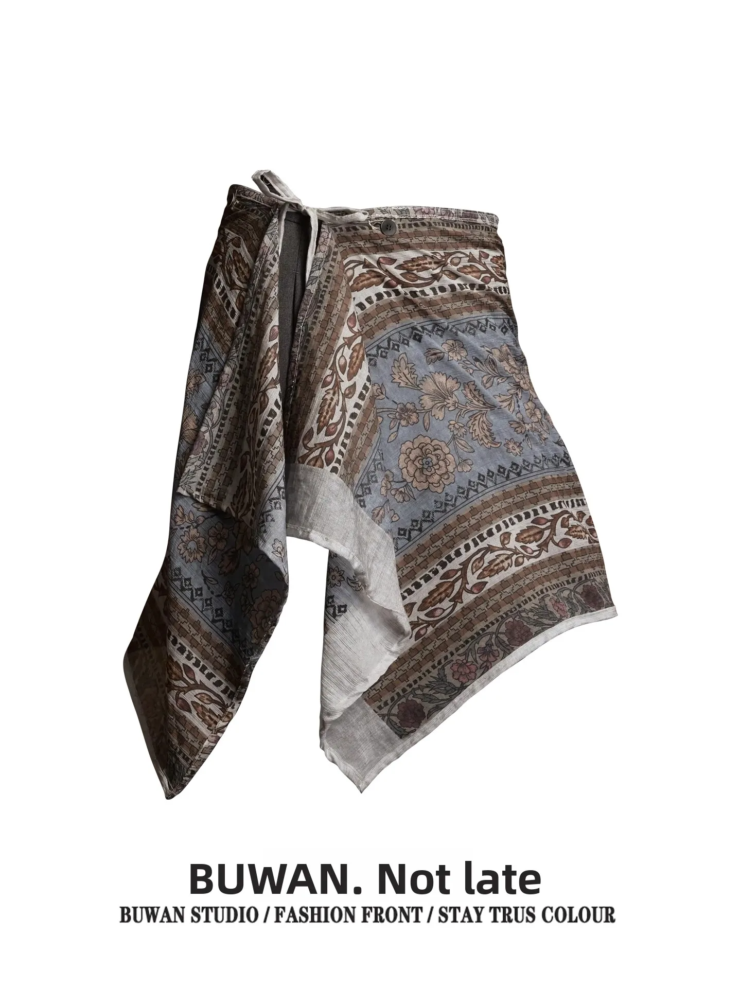 Retro Print Asymmetrical High Waist Skirt for Women with Belt Artistic Single Item Fashionable for All Seasons
