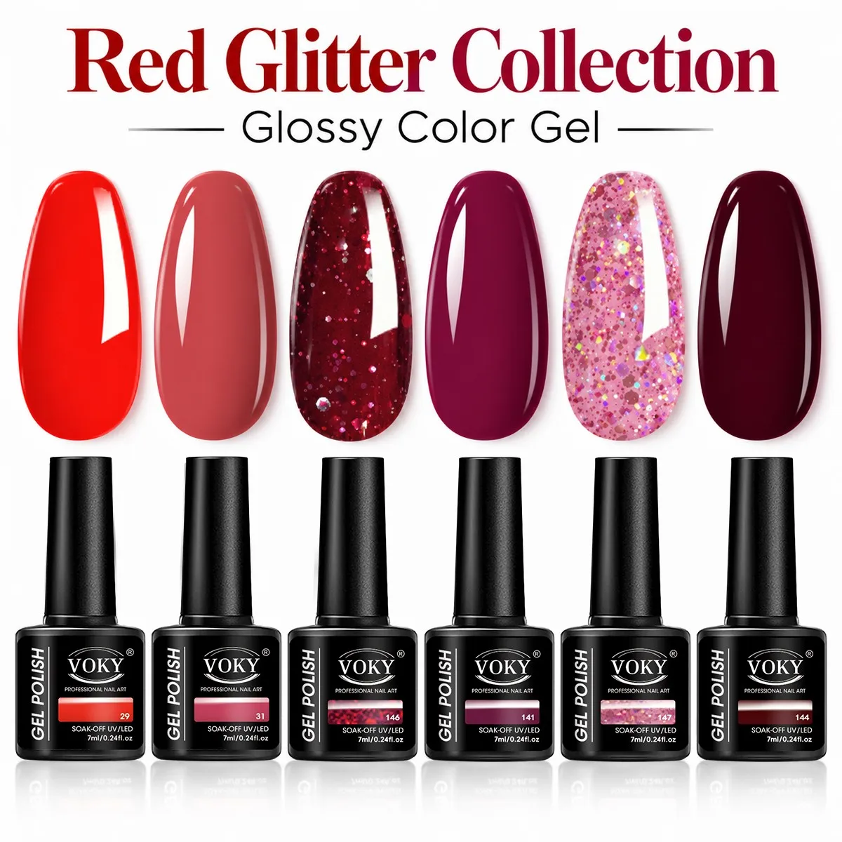 Red-Toned 6-Color Nail Polish Gel Set, Professional Salon-Grade Uv Removable Phototherapy Gel, Featuring Bright Red, Bean Red, Wine Red, Deep Purple, Pink Glitter, with a Fine and Smooth Texture, Tough Film after Curing, High Gloss, Long-Lasting and Not Prone to Peeling, Suitable for Nail Salons and DIY Use