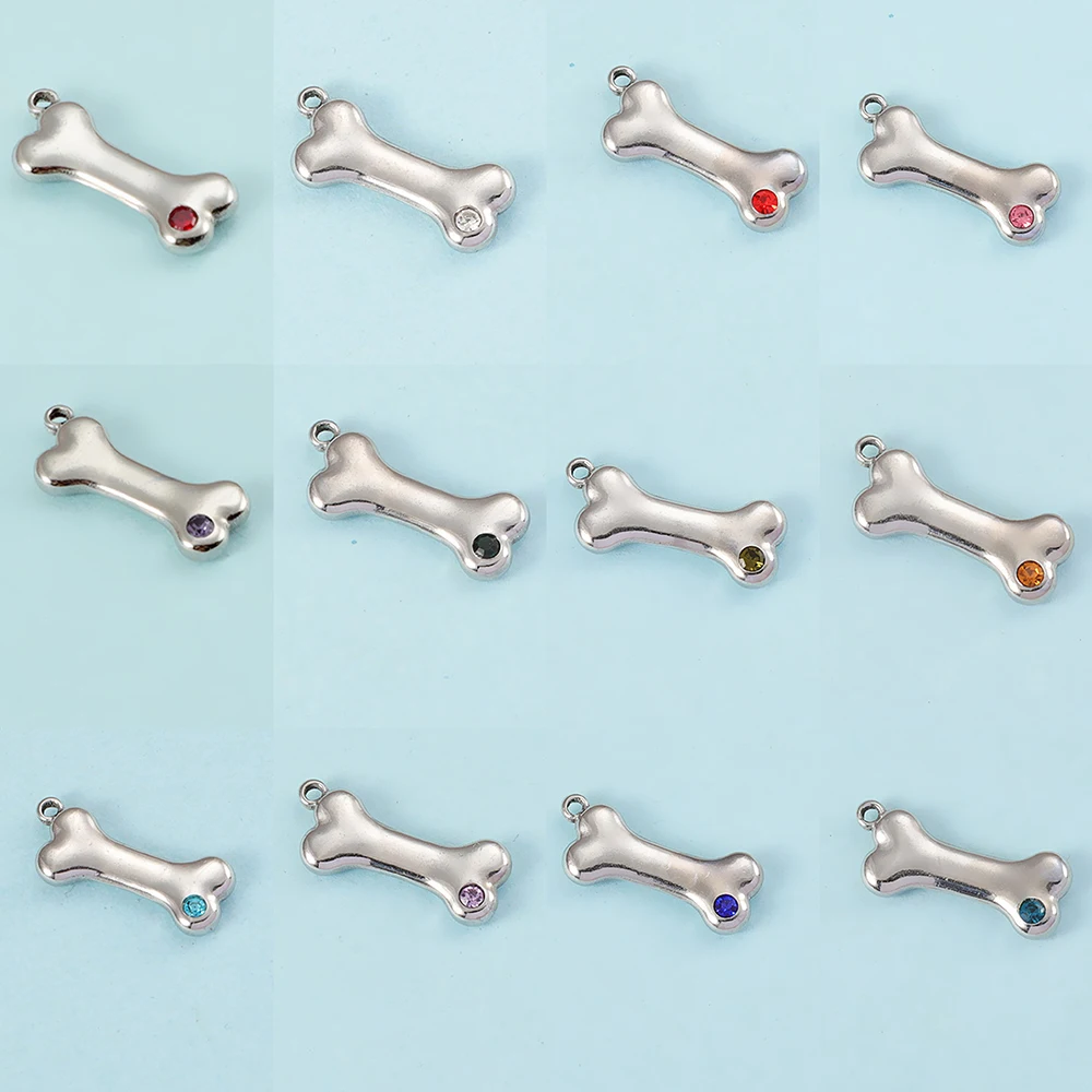 

12Pcs/Lot Stainless Steel Handmade Dog Bone Charms Bone With Rhinestone Pendant For DIY Jewelry Accessories Wholesale