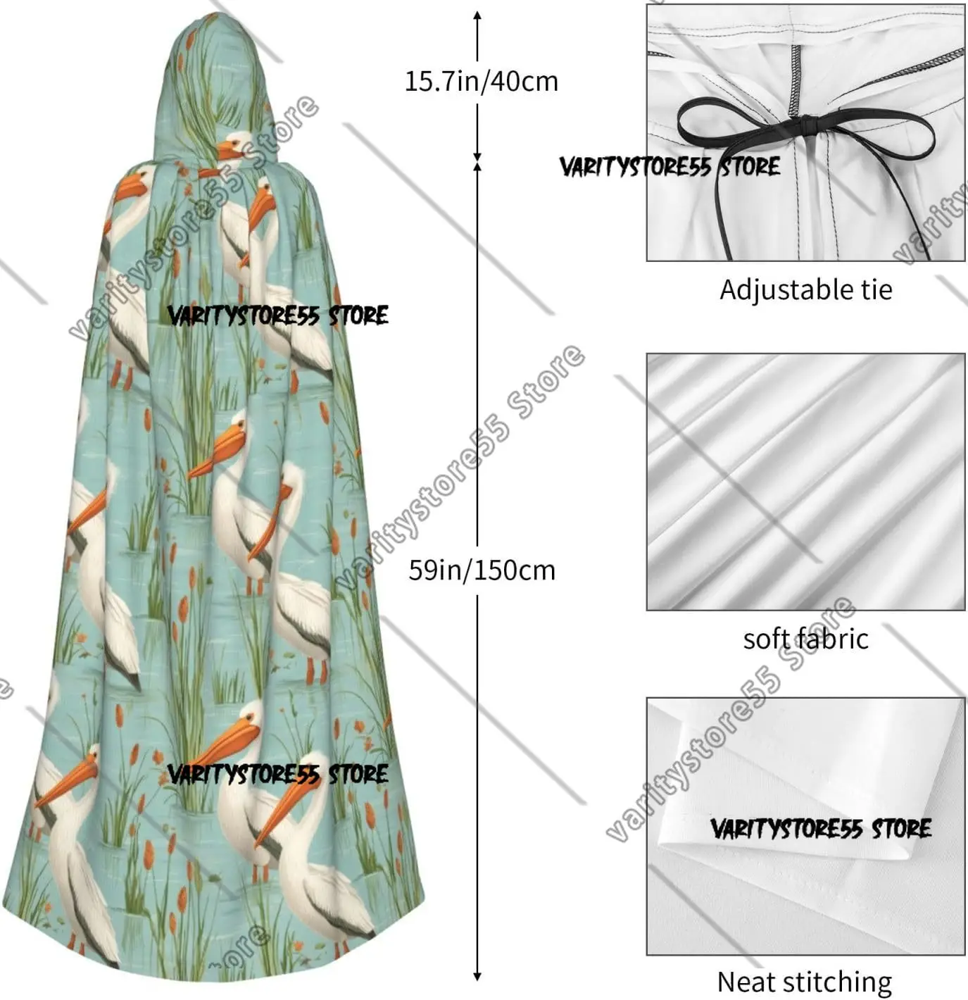 Wizard Cloak with Hood Men Women Gull Print Witch Hooded Vampire Cape Halloween Costumes Black