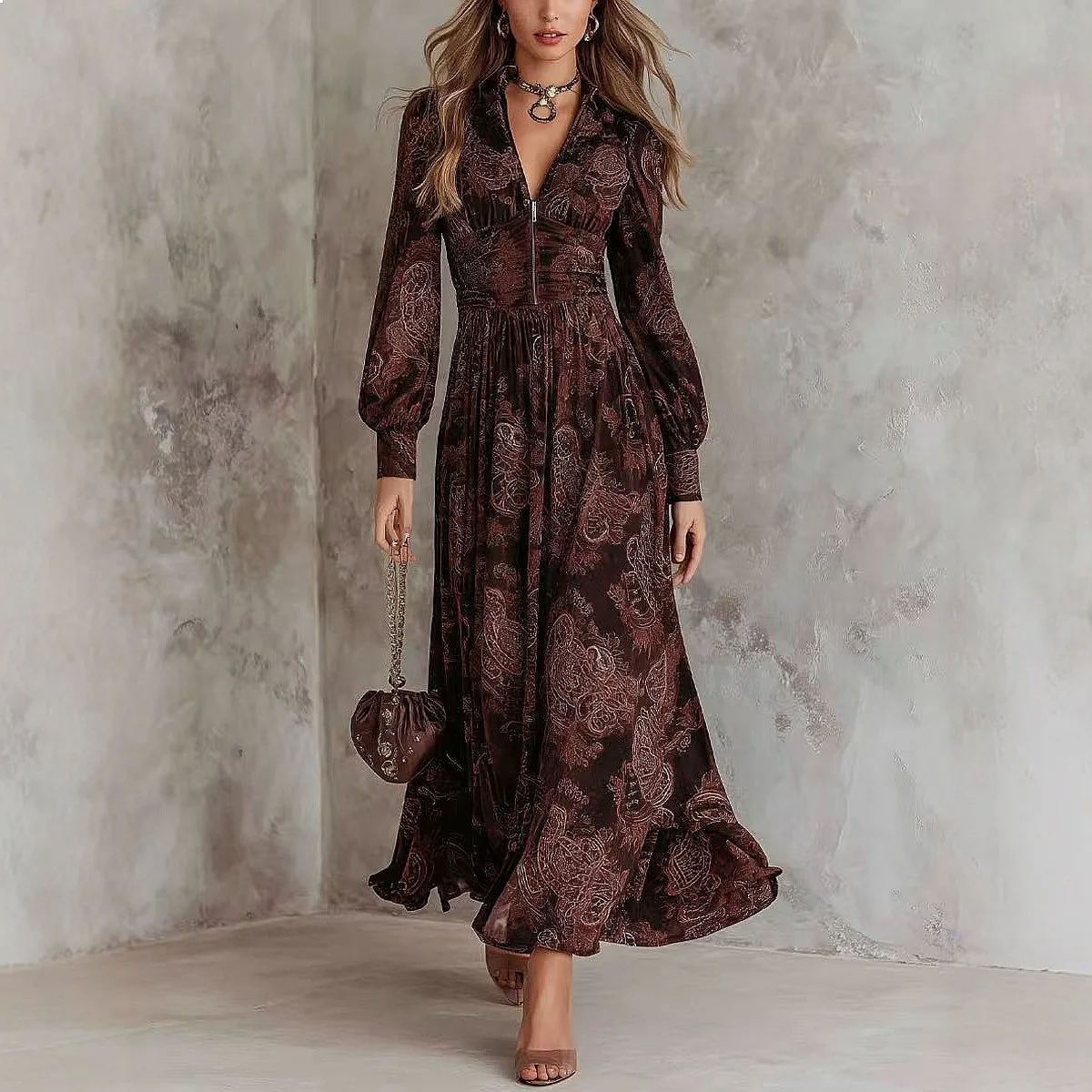 Retro Printed V-Neck Long Sleeve Dress, Women's Floral Bubble Sleeve Dresses with Waist Tie