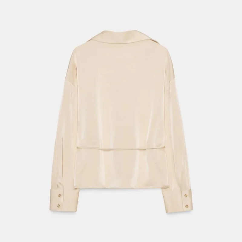 여성용 우아한 새틴 셔츠 라펠 레이스업 슬림핏 탑 솔리드 빈티지 블라우스 출퇴근 오피스 탑 2025 신상 여성 패션 코트