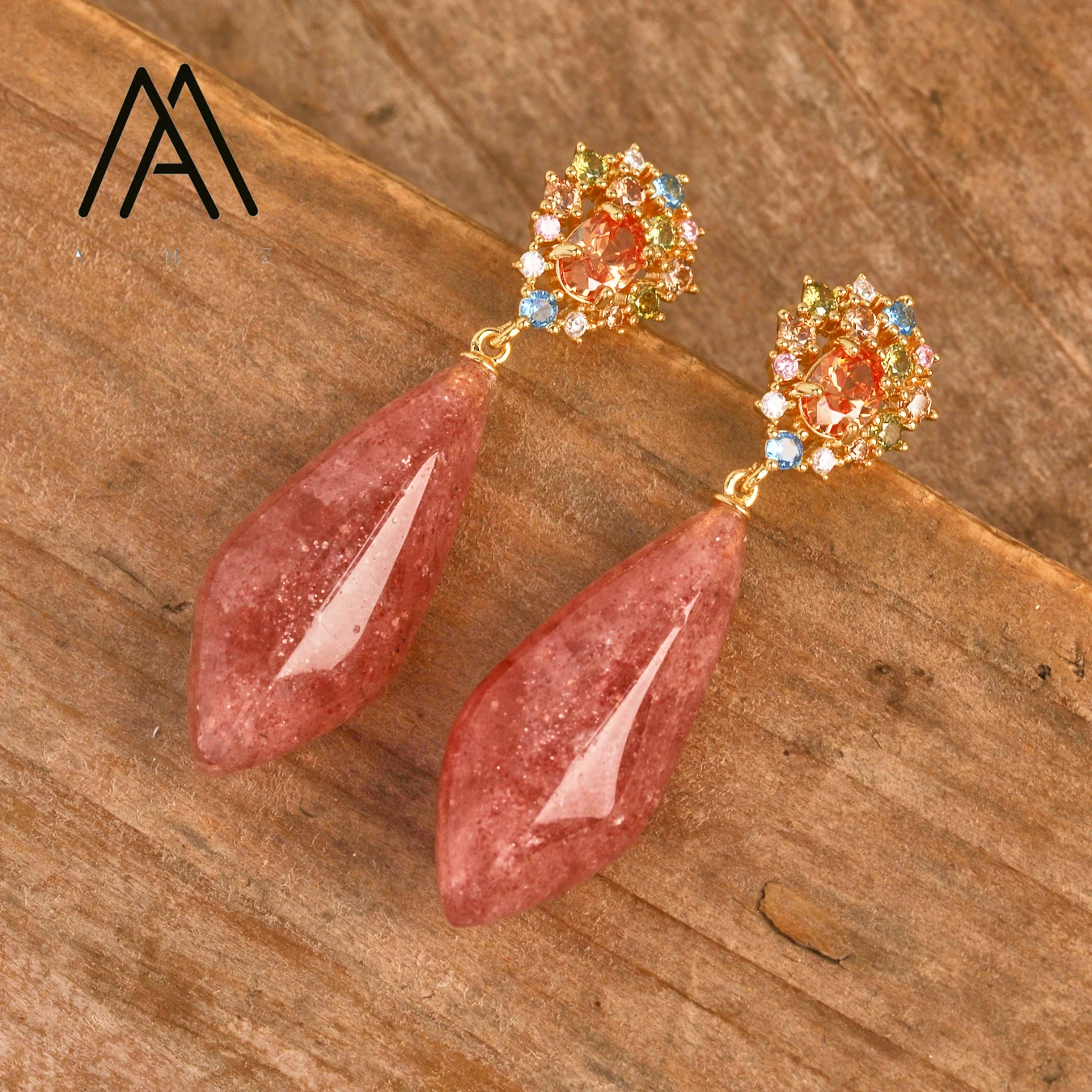 

Natural Gemstone Teardrop Stud Earrings Rose Quartz Crystal Gold-Plated Jewelry Women's Luxury Pendant Earrings Daily Party Gift