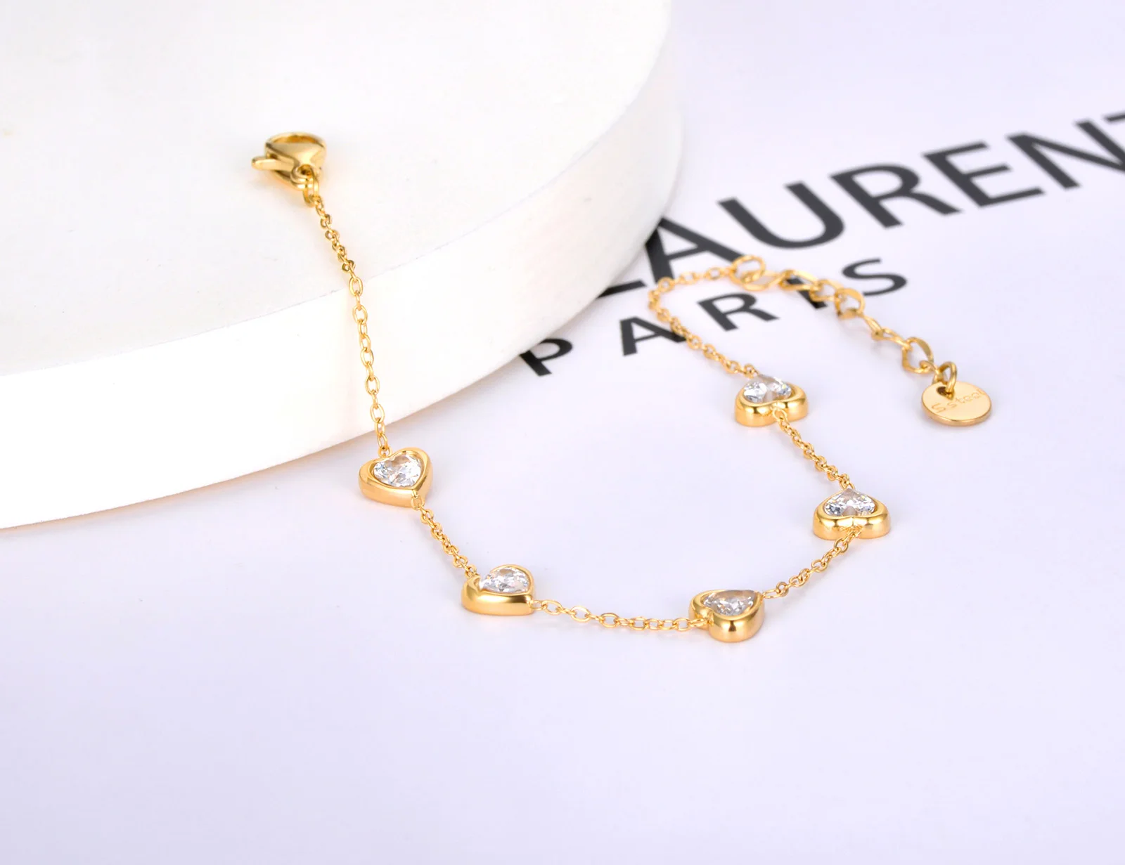 JeeMango Colorful CZ Crystal Heart Charm Bracelets For Women Gold Plated Stainless Steel Bohemia Party Chain Bracelet JB22086