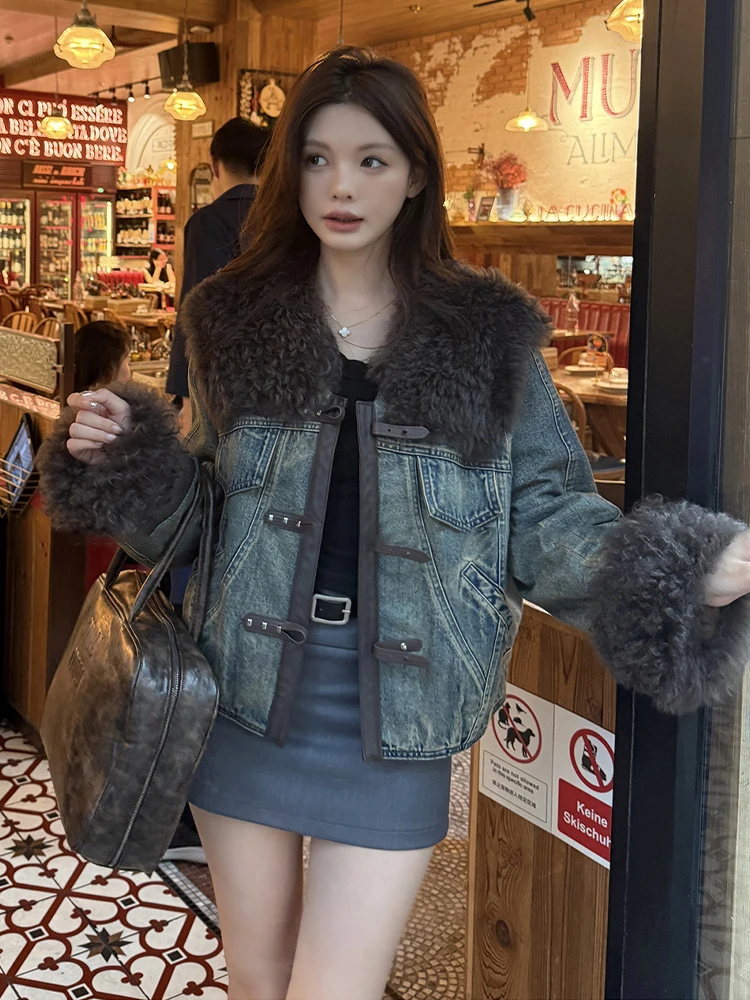 

2025 Autumn Winter Women's Goose Down Coats Denim Jacket Natural Real Sheep Lamb Fur Collar Jacket Luxury Female Outwear